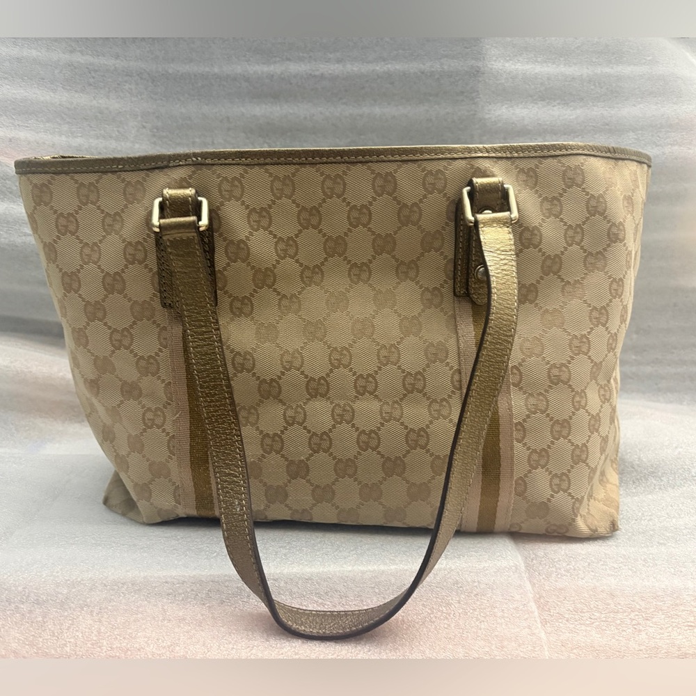 GUCCI Joy Tote GG Canvas Champagne Metallic Leather Charm Shoulder Bag Auth COA - Picture 4 of 15